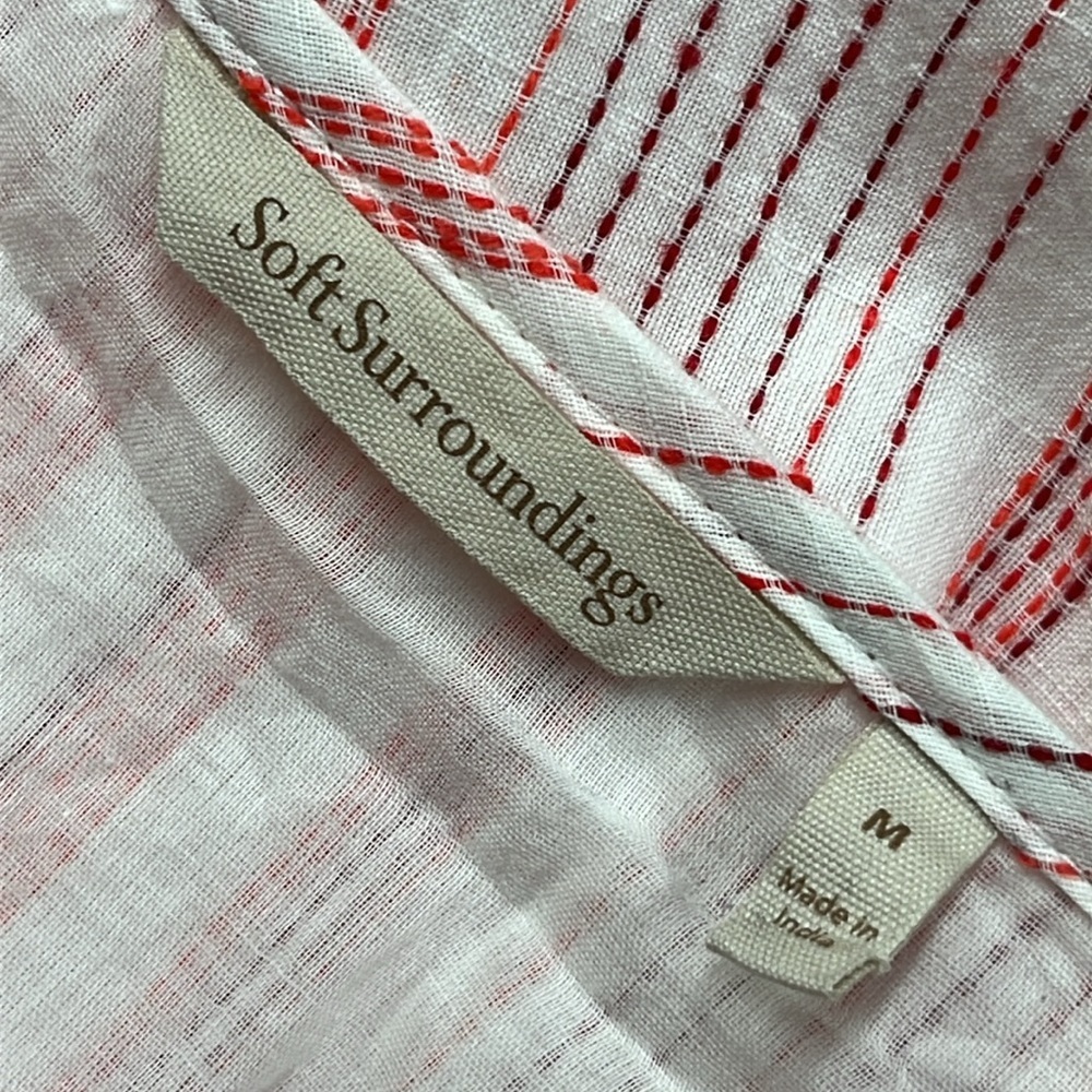 SOFT SURROUNDINGS Coastal Cottage Striped Embroidered Floral Tassel Tie Blouse M - Picture 3 of 16